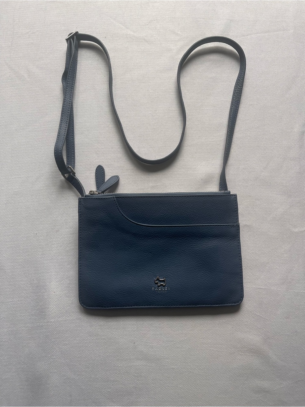 Radley London Blue Crossbody Purse Bag Zip Closure Zipper Logo Silver Hardware